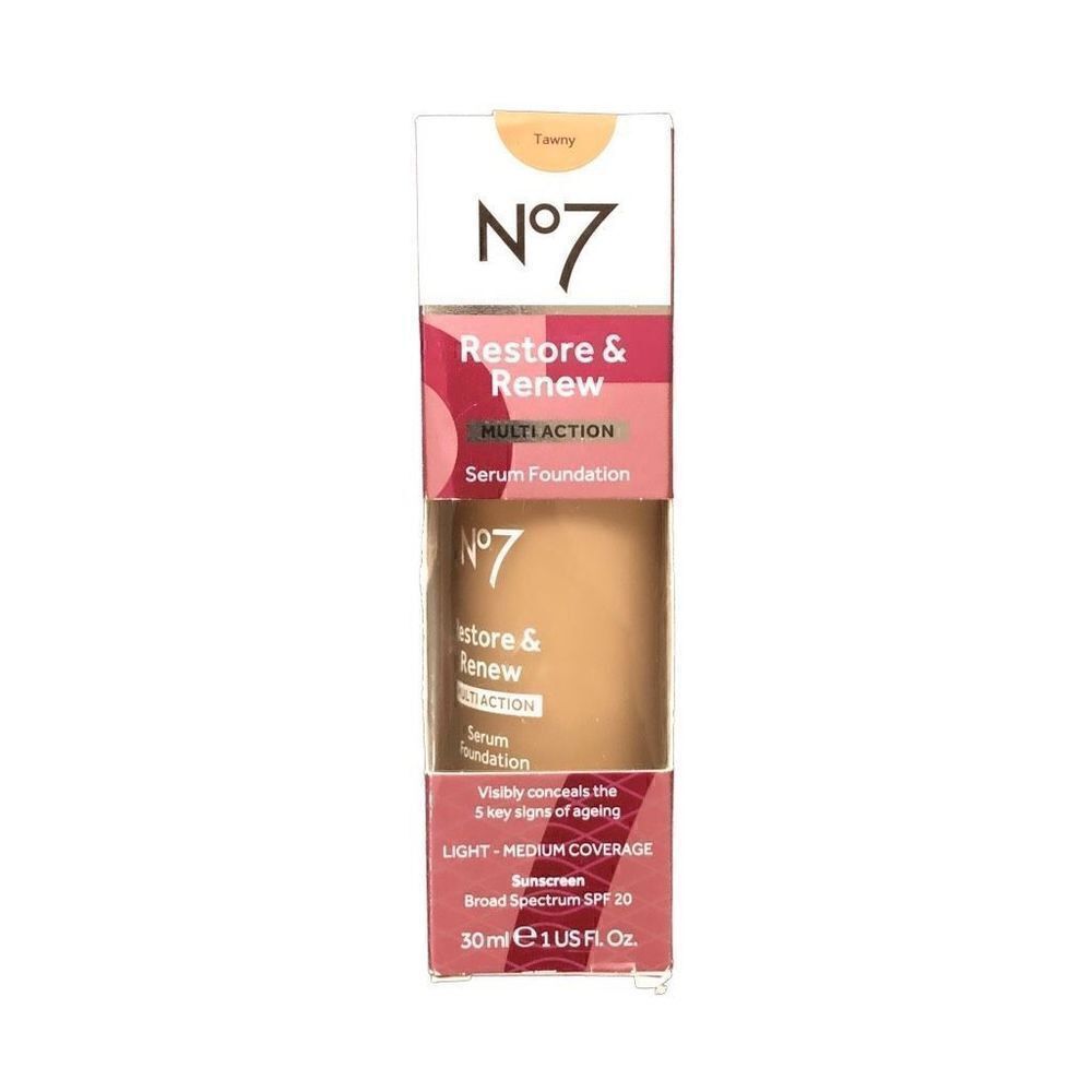 No7 Restore & Renew Multi Action Serum Foundation Tawny, 1 fl oz ea, NIB